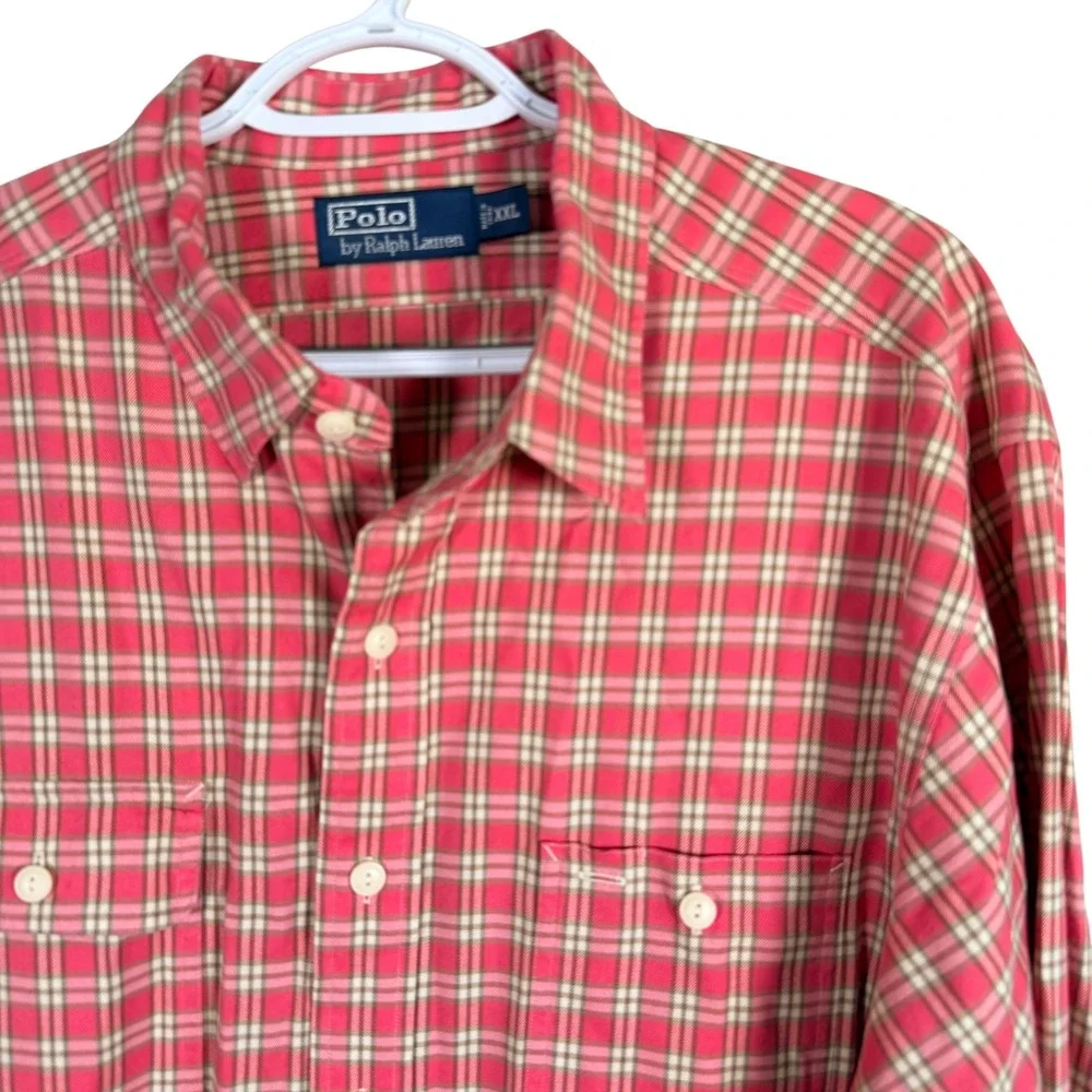 Polo Ralph Lauren Button Up Shirt Mens‎ XXL Salmon Red Plaid Long Sleeve Pockets